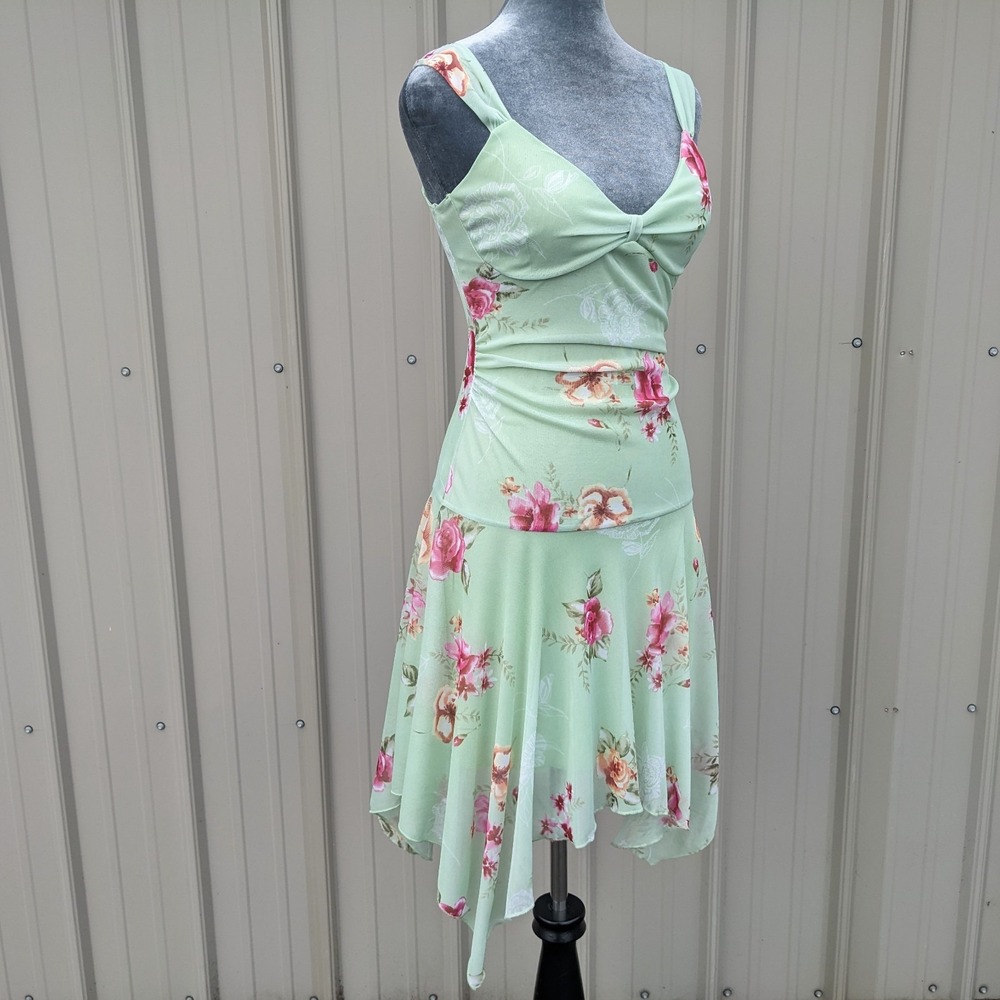 Vintage Y2K Floral Asymmetrical Fairy Dress XS Sheer Mesh Overlay Drop Waist - Picture 2 of 15